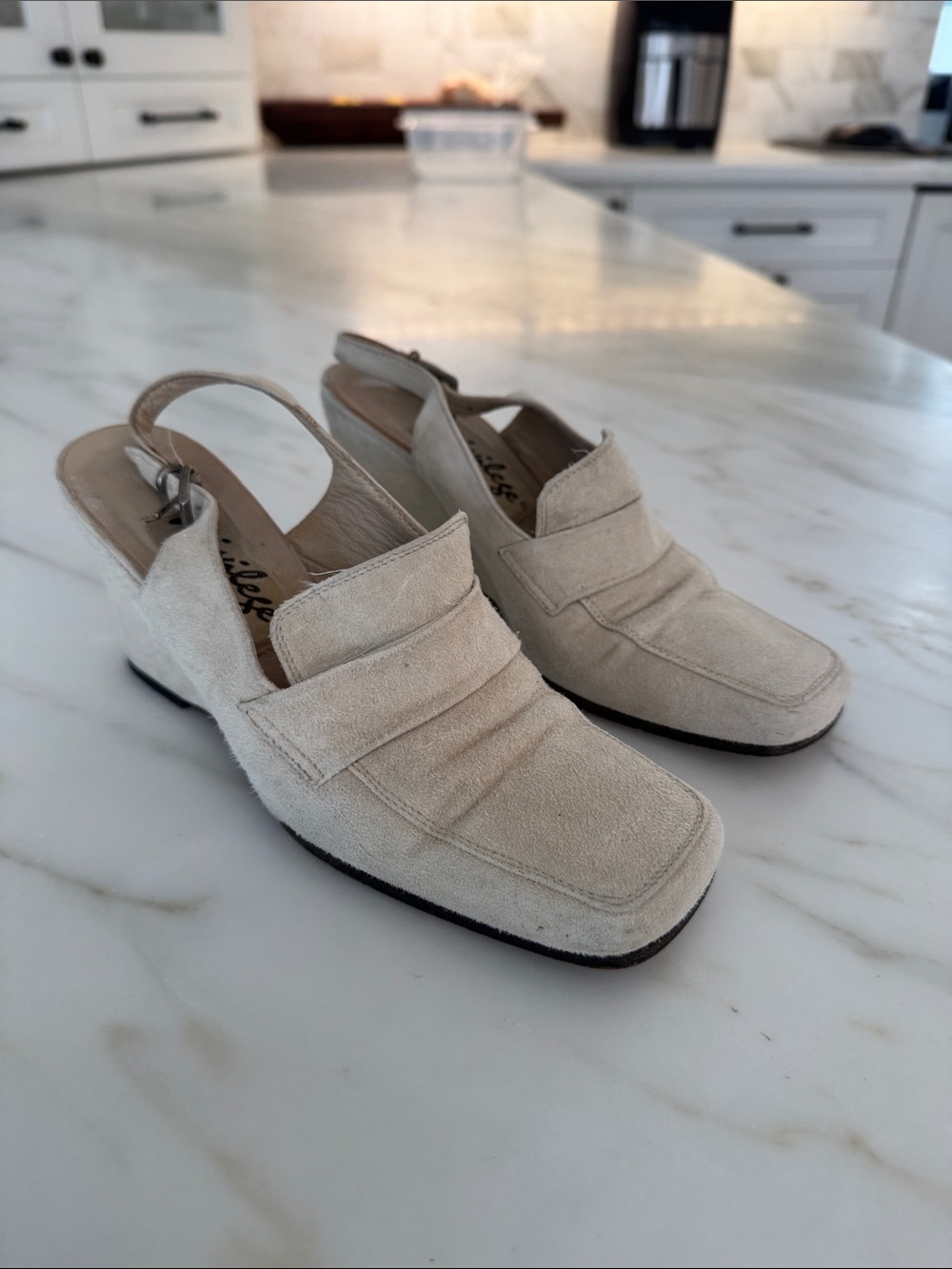 Cream Suede Slingback Mules with Low Block Heel